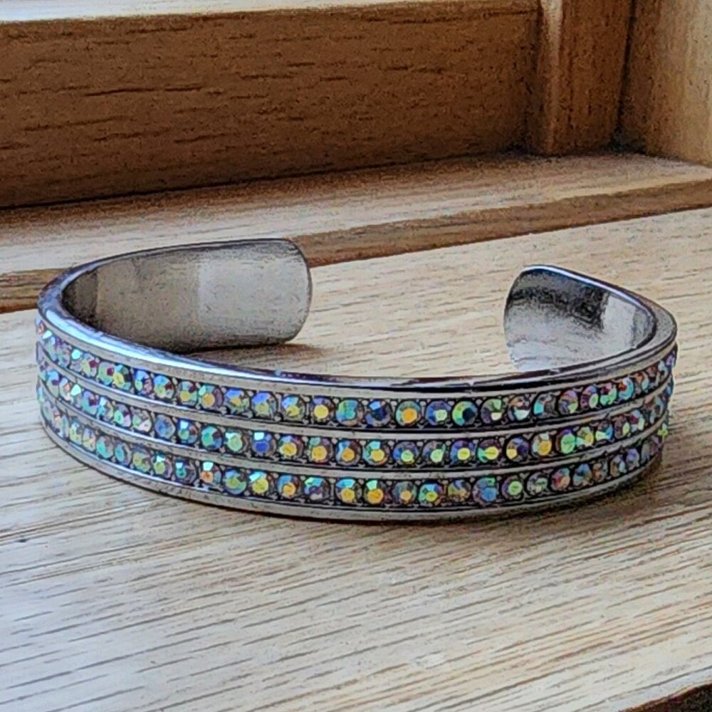 Silvertone Bangle With Three Rows Of Crystals - image 4